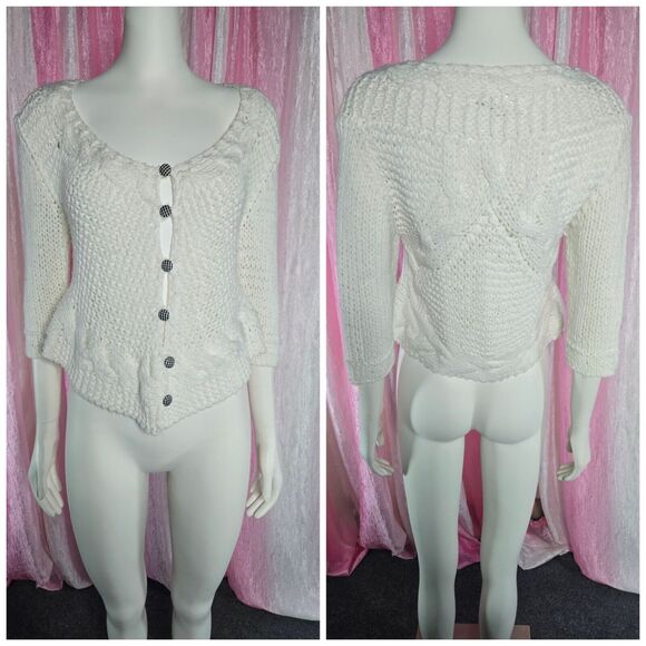 Free People Crochet Knit Crop Ivory Button Up Boho Sweater Size Medium - Picture 1 of 14